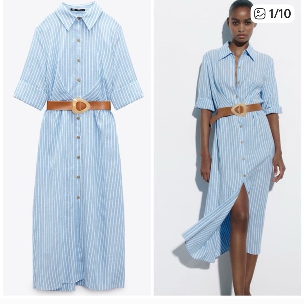 ZARA LINEN BLEND STRIPED BELTED SHIRT DRESS NWT SIZE L